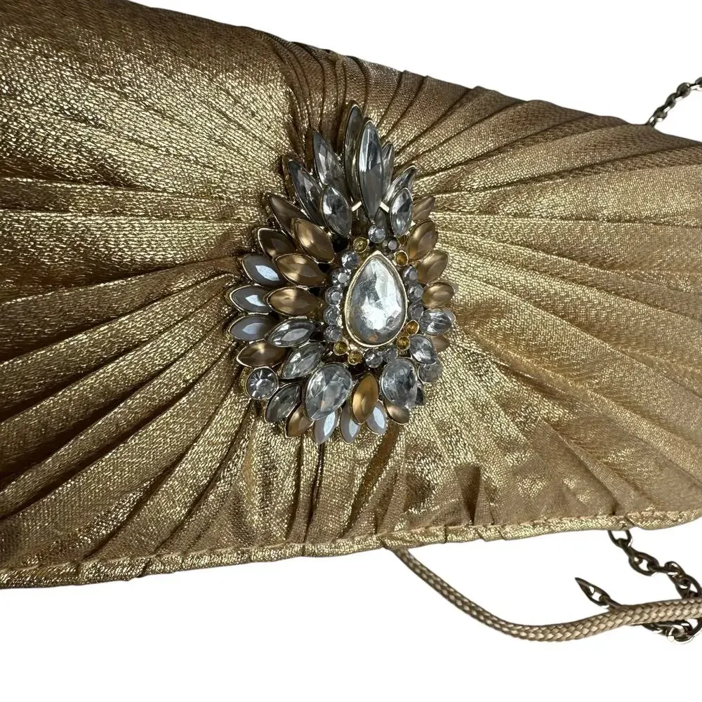 Kate Landry Evening Clutch Bag Metallic Gold Pleated Design Chain Strap